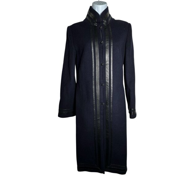 Shanghai Tang Womens Navy Blue Cashmere & Wool Coat Black leather trim Size 4 - Picture 2 of 8